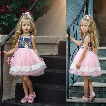 

2019 girls summer dress multi-layer mesh tutu Dresses Lace Flora printing Party birthday pageant dresses for baby girl