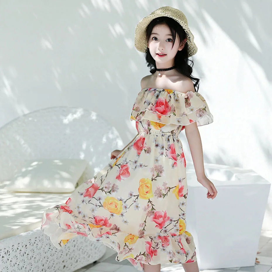 Aixinghao/летнее платье для девочек; шифоновые сарафаны для девочек; сарафан с цветочным принтом; пляжное платье для девочек 8, 10, 12, 14 лет; детская одежда для подростков - Цвет: as picture