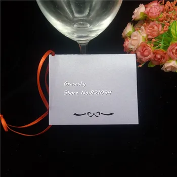 

50PCS diy bowknot Pearl Paper Wish Cards solid Table Mark Hang Tag Card Wedding Favors Party Decoration Book Mark with ribbon