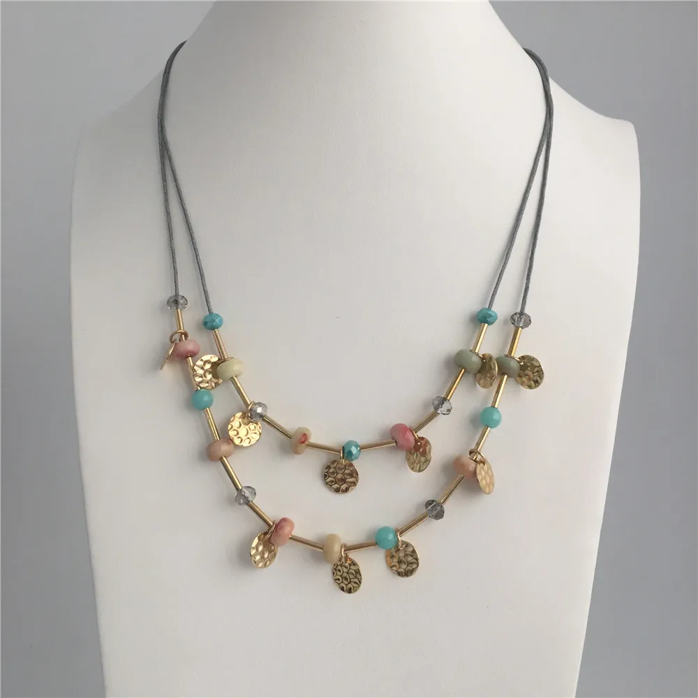 

TRENDY WOMEN NECKLACE GOLD ROUND DISC WITH BEAD STRAND GREY CORD LAYAT NECKLACE FOR WOMEN GIRL