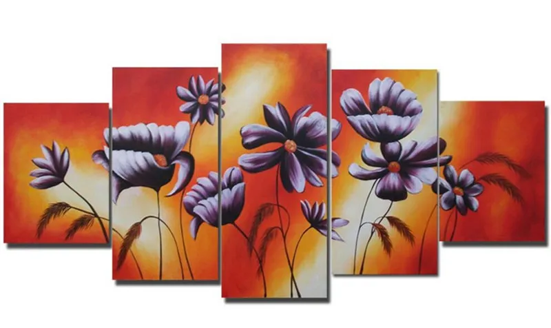 

5 Piece Picture Modern Wall Canvas Art Handpainted Abstract Purple Flower Oil Painting Handmade Floral Paintings For Living Room