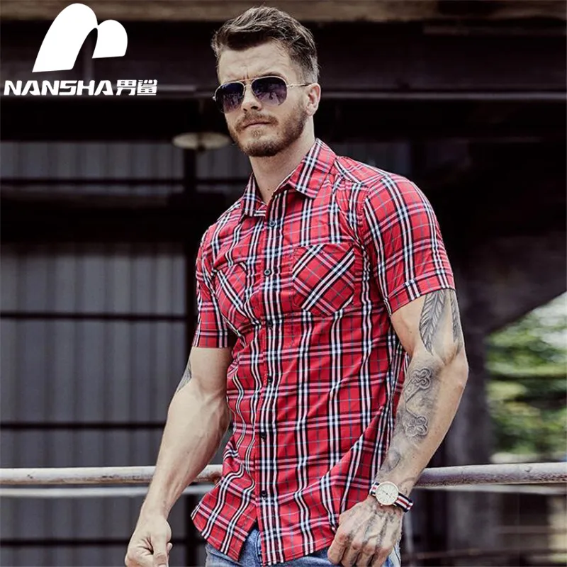 Наньша бренд высокое качество Для Мужчин's Повседневное рубашки для отдыха дизайн плед Для мужчин социальной рубашки хлопок короткий рукав