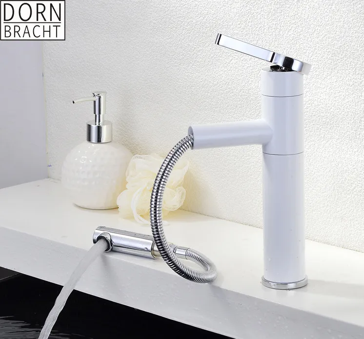 Pull Out Basin Faucet Brass Paint White Faucet for Kitchen Single Handle Hole Classic Deck Mount