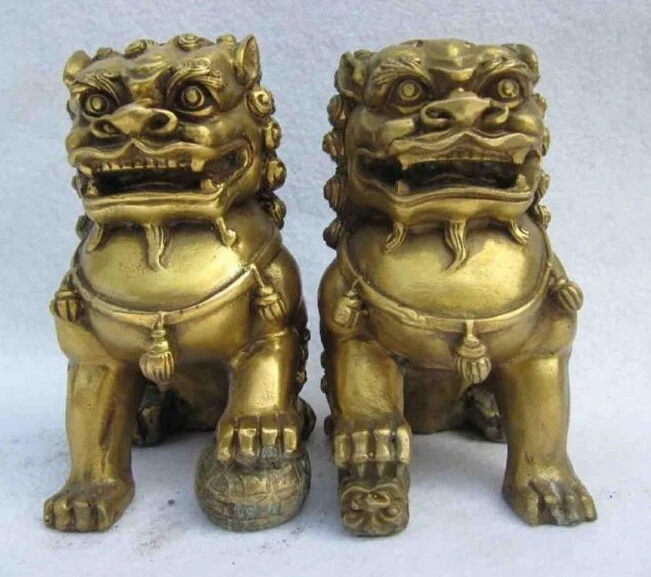 china Family Feng Shui Copper brass Door Foo Dogs talisman lion beast Pair 