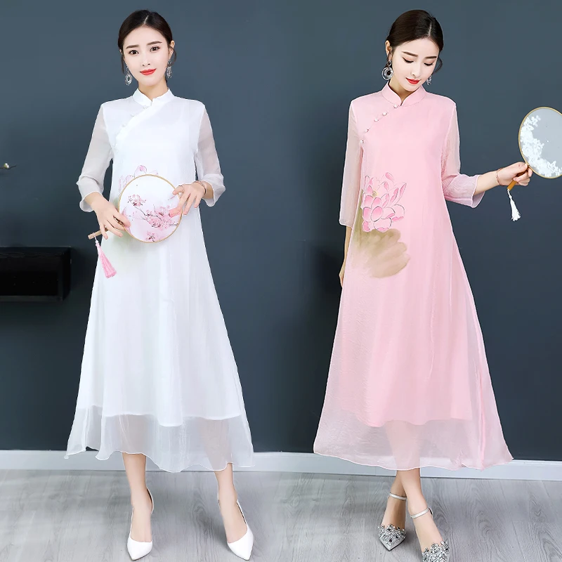 

Pink Long Summer Cotton Linen Dress Women Plus Size Large Elegant Vintage Chinese Print Robe Dresses Woman Party Night Clothing