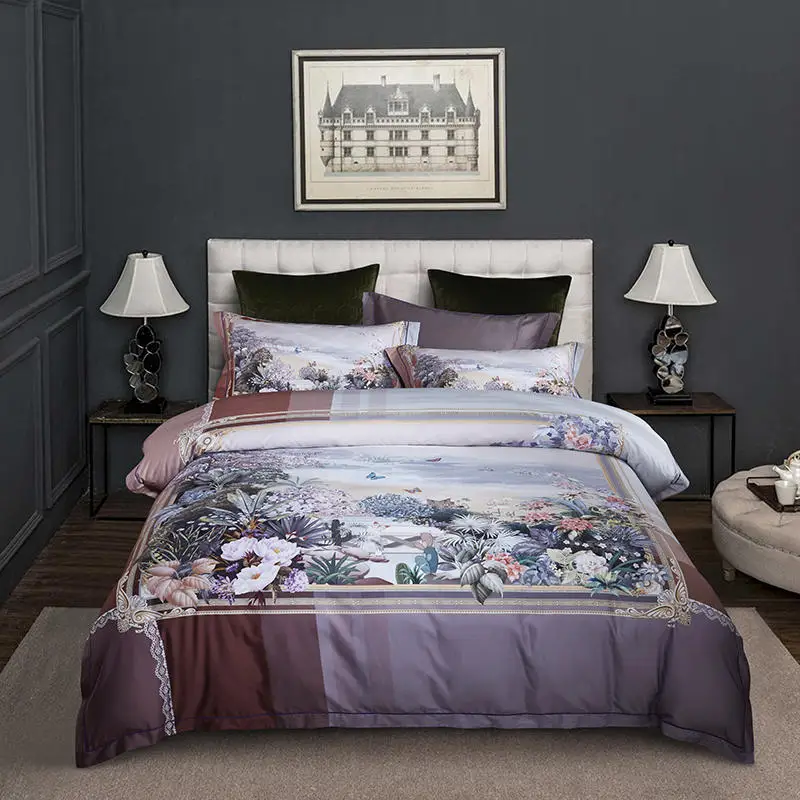 

Famvotar European Style Egyptian Cotton Bedding Set Untra Soft Satin Bed Linen Colorful Antique Drawing Flower Print Bedding Set