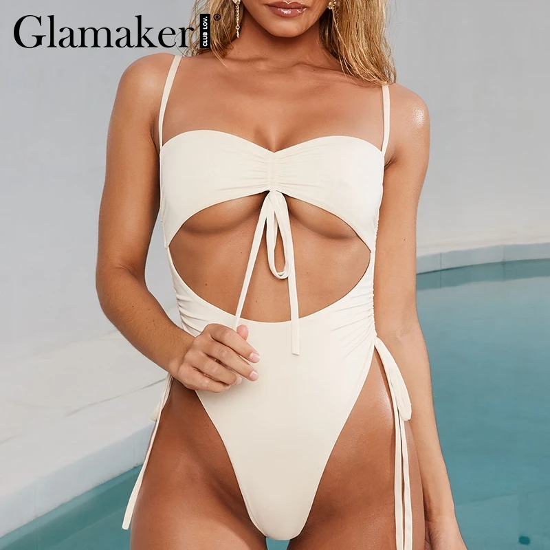 Glamaker Белый боди с вырезами женские стринги сексуальный купальник на шнуровке