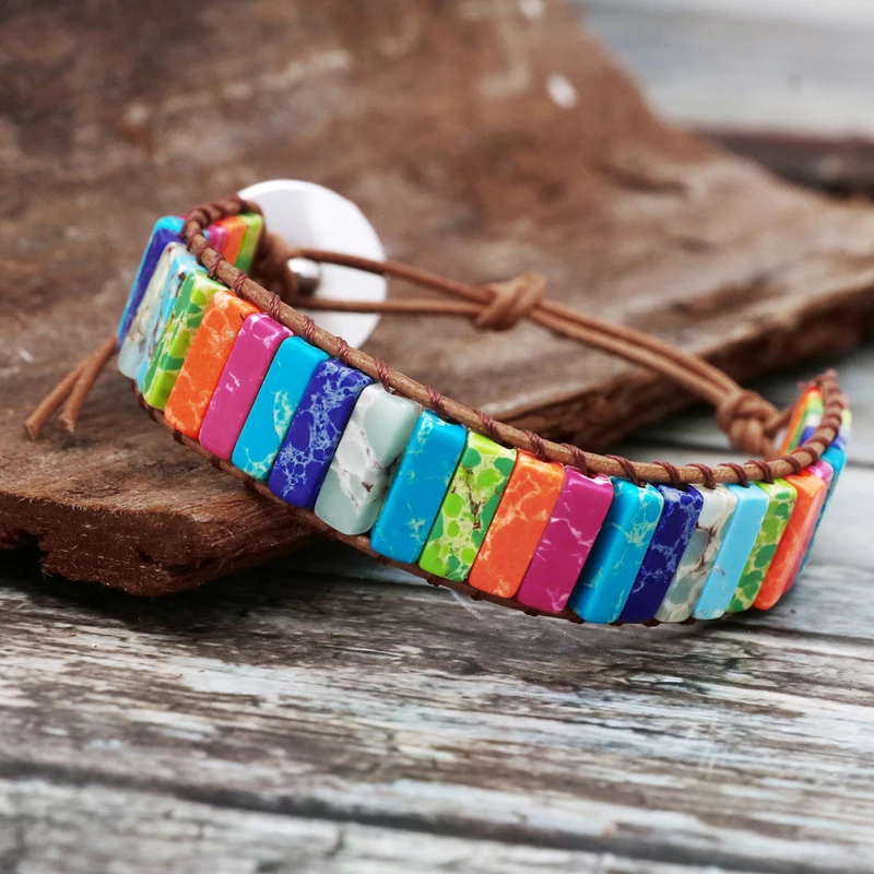 Chakra Bracelet Jewelry Handmade Multi Color Natural Stone Tube Beads Leather Wrap Bracelet Couples Bracelets Creative Gifts