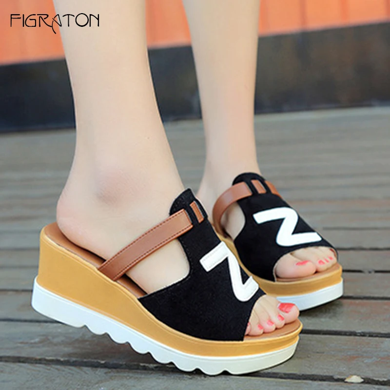 

Figraton Women's Slippers Summer Basic PU Leather Outside Thick Platform Wedges High Heels Solid Color Letter Female Flip Flops