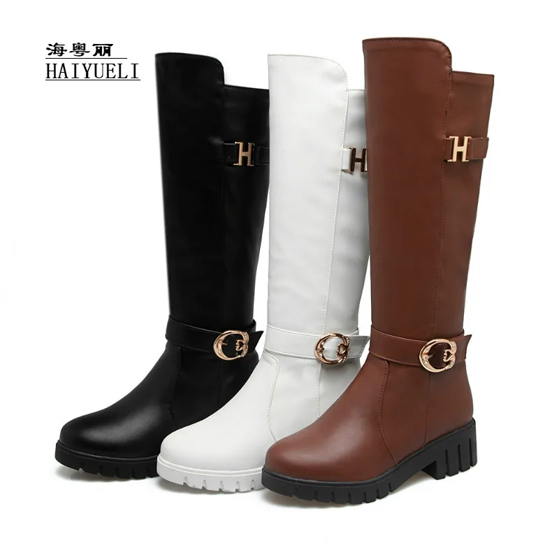 

Women PU Leather Round Toe with Platform Metal Buckle Low High Heels Comfortable Winter Mid-Calf Boots