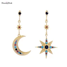 Розовые Асимметричные Стразы Banny, серьги-гвоздики в форме полумесяца и звезды для женщин, цветные вечерние серьги с кристаллами