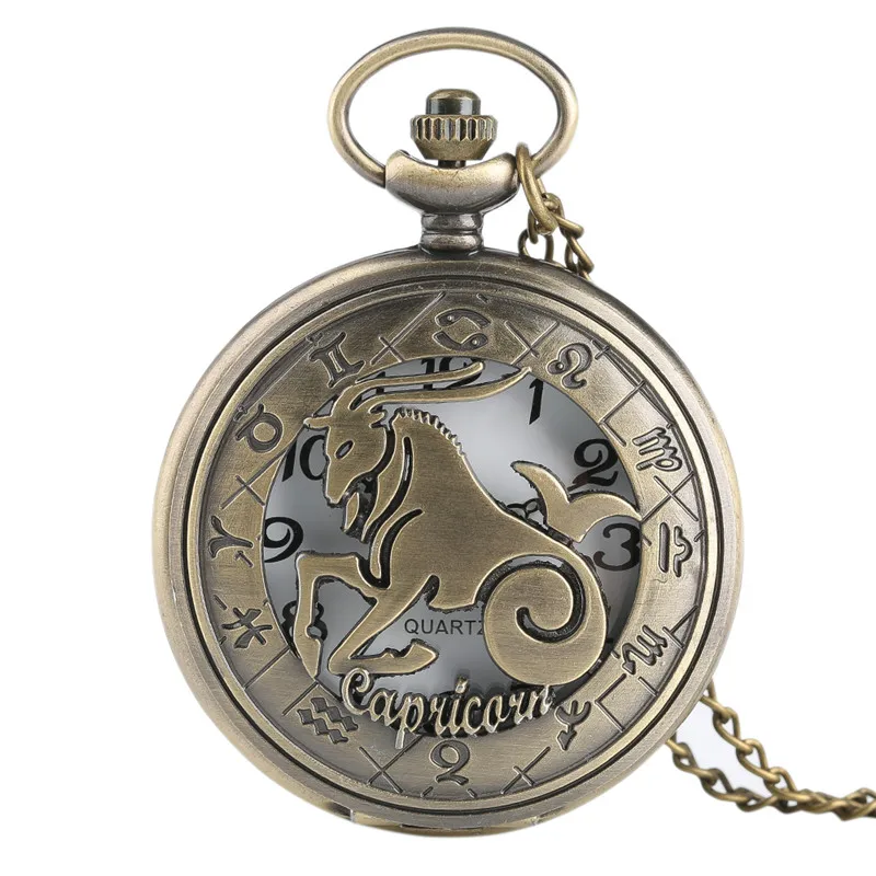 

Vintage Bronze Twelve Constellation Theme Pocket Watch Cool Hollow Half Hunter With Chain Pendant Men Women Best Gift reloj