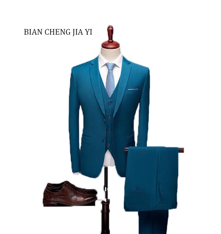 

2019 New Blue Fashion Suits High quality Soft Men's Solid suits Formal 3 Pieces Wedding Groom Tuxedos Prom Slim fit Suits