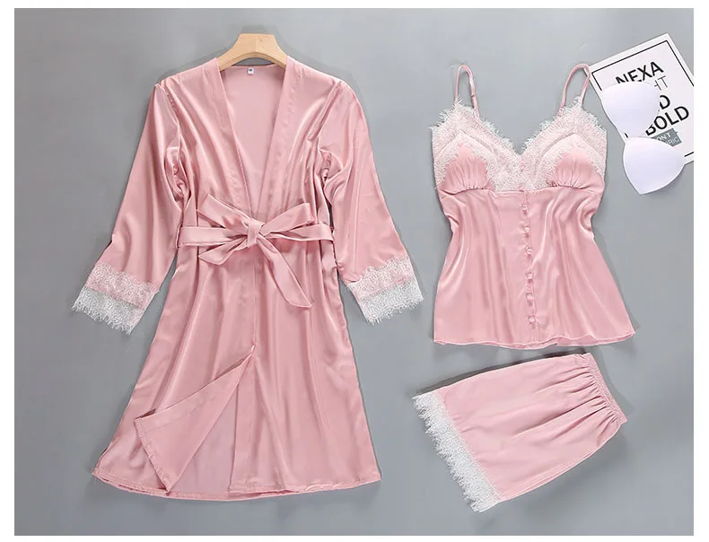 Queenral 3PCS Pajama Sets Women's Sleep Lounge Sleepwear Spring Sexy V-neck Nightwear Satin Silk Long Sleeve Home Wear Female   899