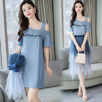 

Off Shoulder Blue Letter Long Shirts Fairy Mesh Skirts Gradient 2 Piece Set Women Summer Korean Mermaid Two Piece Sets
