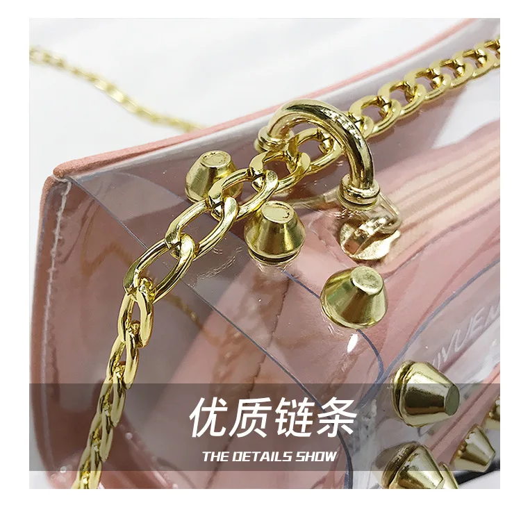 Womens Candy Color PVC Transparent Crossbody Bag 2pcs sets Rivets Letter Print Messenger Bags Fashion Girls Clear Chain Tote bag (4) - 