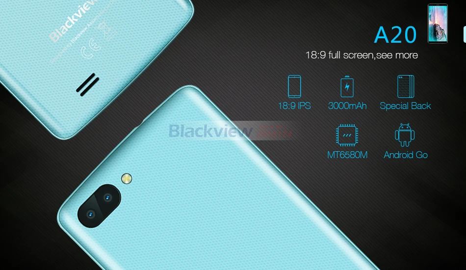 Blackview A20 смартфон 5,5 дюймов 18:9 Android Go двойная камера 1 ГБ 8 ГБ MT6580M 5MP 3g мобильный телефон