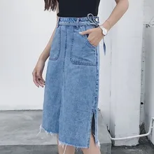 Pengpious Высокая талия хлопчатобумажная юбка из денима для женщин разрезы с поясом с боковыми карманами Горячая по колено джинсовая юбка
