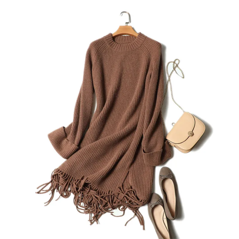 Женское зимнее платье-свитер из чистого кашемира, вязаное платье с кисточками, женские теплые платья с длинным рукавом из 100 кашемира - Цвет: Caramel