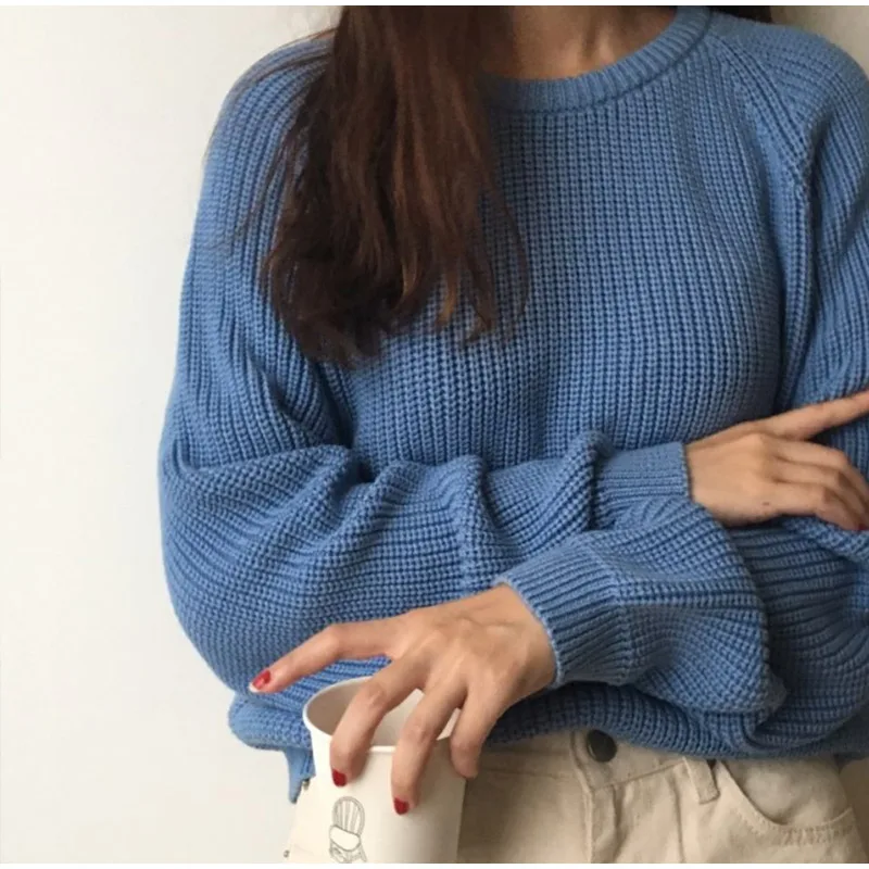 Корейская мода, вязанный Женский пуловер, свитер, зимний круглый вырез, свободный джемпер для женщин, длинный рукав,, повседневный Однотонный свитер для женщин