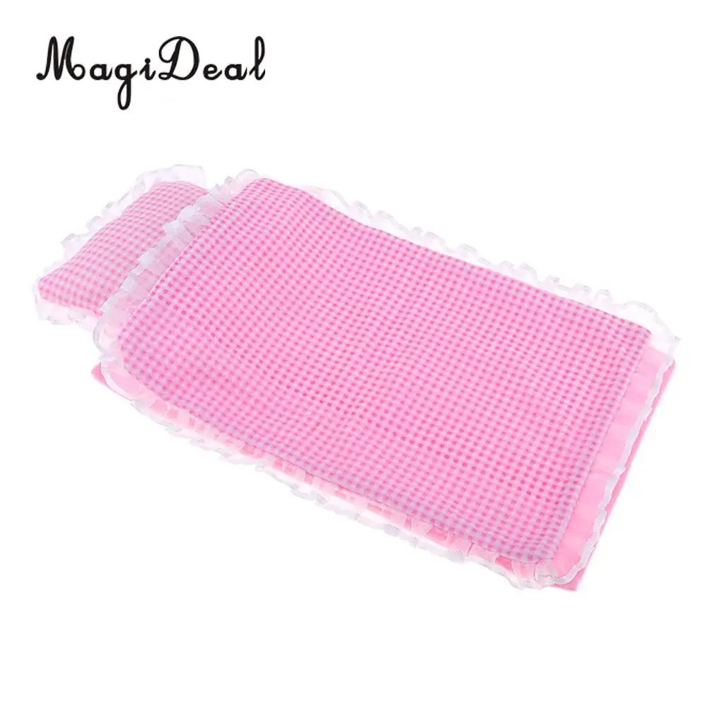 3pcs Lovely Pink Lace Plaid Bedding Set for 25cm Mellchan Dolls Bedroom Accessories