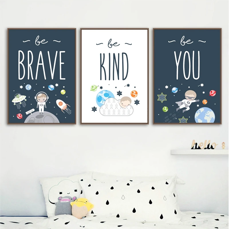 Космический тематический Детский Настенный художественный принт Be Brave& Be kind Quotes Холст Плакаты живопись подарок для маленького мальчика украшение стены детской комнаты