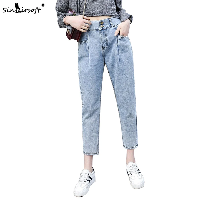 

Women High Waist Harem Jeans Pants Woman Vintage Ankle-Length Denim Femme Back Elastic Design Loose Trousers Summer Autumn New