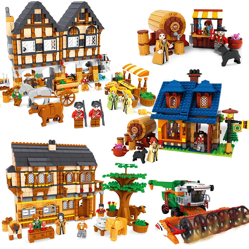 

Farm Harvester Compatible Legoed Village Market Horse Carriage Farmer Figures Cow Animals Architecture Buildings Blocks set Toys