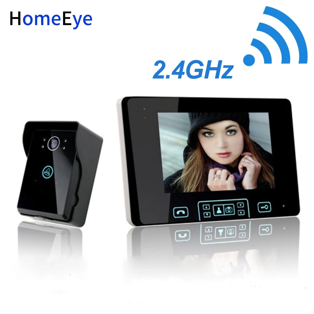 

HomeEye 2.4GHz Wireless Video Door Phone Intercom Wireless Access Control System Doorbell Built-in Battery 7''Touch Key Screen
