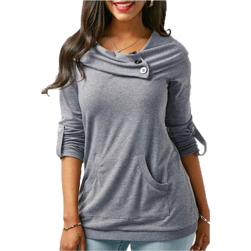 Autumn Long Sleeve Sweatshirts Women Fashion Button Cowl Neck Front