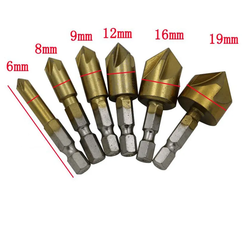 Shina 6PCS Set 90 Degree Hexagonal Shank Five Blade 6mm-19mm Chamfer Chamfering Tool Boring Machine Woodworking Countersink Bit