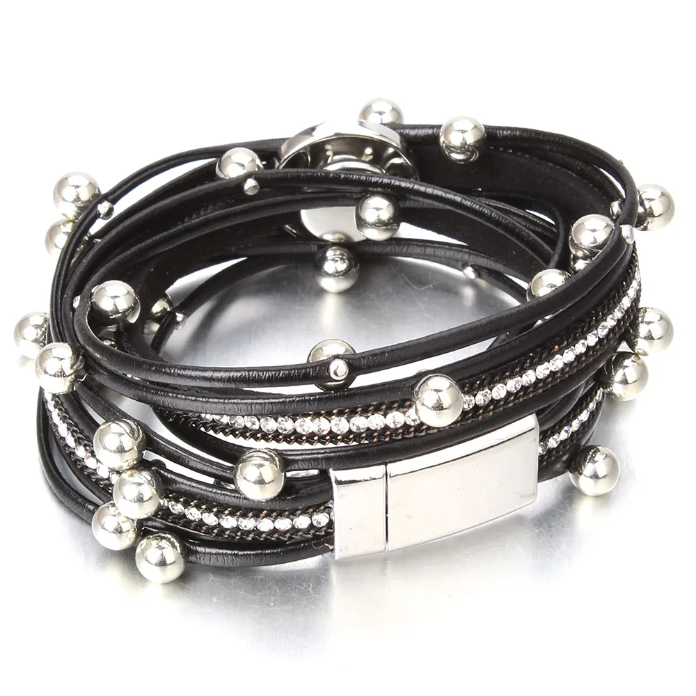 New Snaps Jewelry Vintage Crystal Leather 18mm Snap Button Bracelet Bangle Punk Multilayer Leather Bracelet Wrap Bracelets