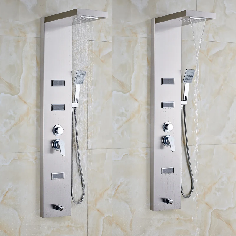 Brushed-Nickel-Shower-Column-Shower-Pannel-3-Part-Massage-Jet-Brass-Handshower-Waterfall-Rain-Showerhead 