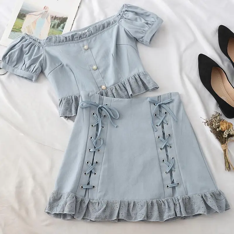 2 Piece Skirt Set Women Fashion Solid Denim Korean Set Slash Neck Short Sleeve Crop Top And Buttock Skirt Ladies Casual Suit Set - Цвет: 3