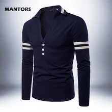 Solid V-Neck Men's Long Sleeve Polo Shirt Autumn Casual Sporting Shirt Tops Fashion Men Clothing Slim Fit Polos EU Size