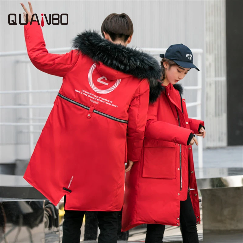 Quanbo фирменные 90% мужские и женские пуховики для отдыха наивысшего качества модная теплая зимняя одежда для влюбленных длинная Повседневная куртка с капюшоном