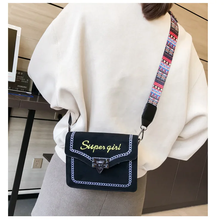 Women's Suede Leather Vintage Handbag Metal Lock Crossbody Bag with Colorful Strap Stylish Girl Red Black Brown Cross Body Purse (2)