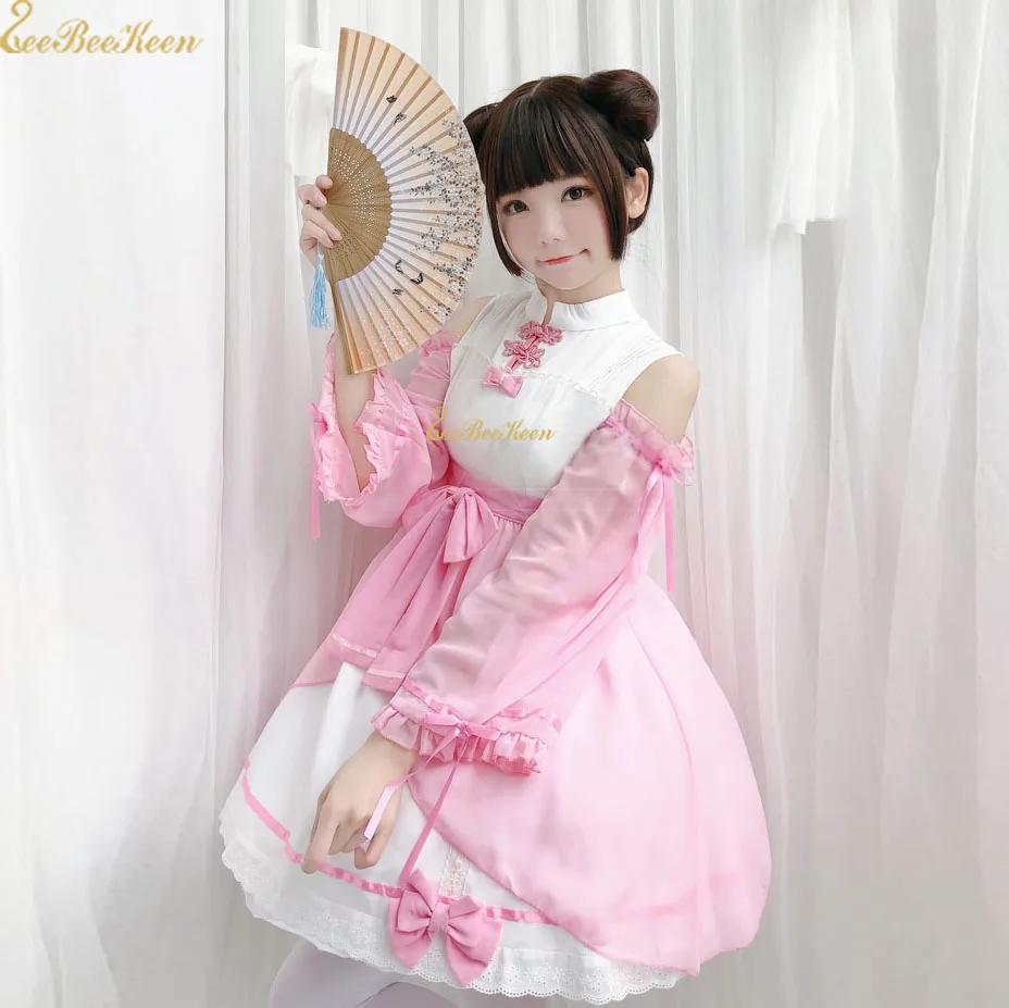 

Cute Girl Chinese Costume Pink Lolita Blue Adult Hanfu For Women Chiffon Off-the-shoulder Sweet Lolita Traditiona Han Tang Skirt