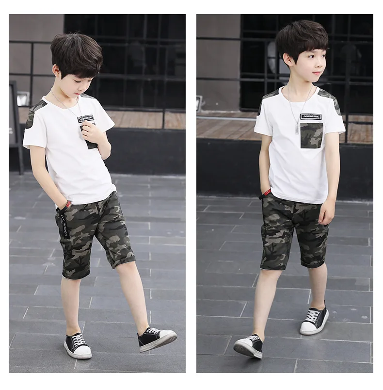 Summer Boys Comouflage Clothing Sets Short-Sleeve Shirts+Pants Clothes Sets For Kids Sports Suits Teenager Tracksuits