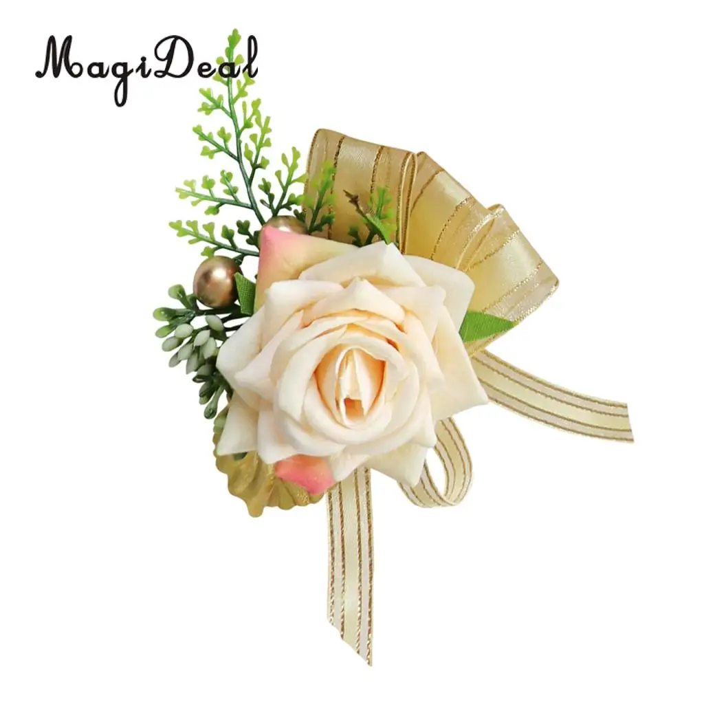 Romantic Artificial Rose Flower Pearls Wedding Corsage Boutonniere for Bridal Groom Fancy Dress
