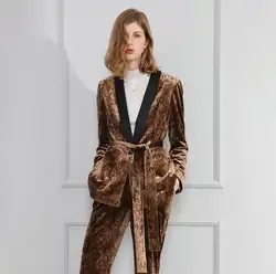 Золото бархат костюм 2018 Мода Кружевное ночное белье воротником лоскутное бархатный пиджак женский пиджак пальто женщин