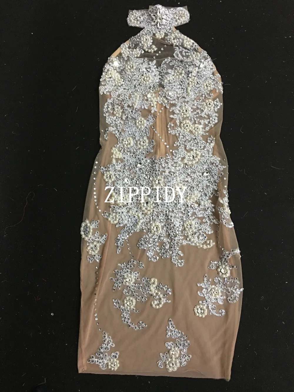 Серебряные стразы жемчужное Прозрачное платье без рукавов вечернее женское платье певицы платье для танцев на день рождения Сетчатое платье