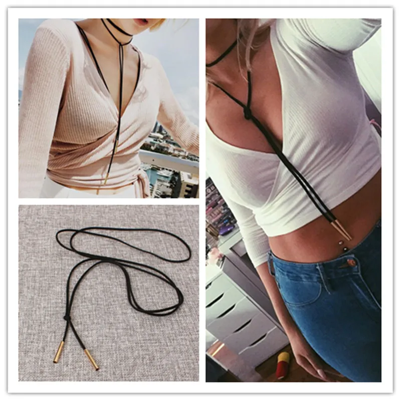 

x18 Fashion Jewelry Black Leather Choker Necklace Long Tassel Gold Color Pendant Necklace For Women Punk Style Wholesale Selling