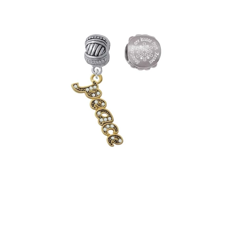 Goldtone Crystal Script ''Peace'' Snowflakes are Kisses from Heaven Charm Beads (Set of 2)