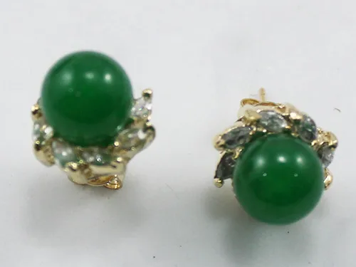 

wholesale fashion jewelry 10mm green jade bead 18kgp crystal inlay earrings 5.29