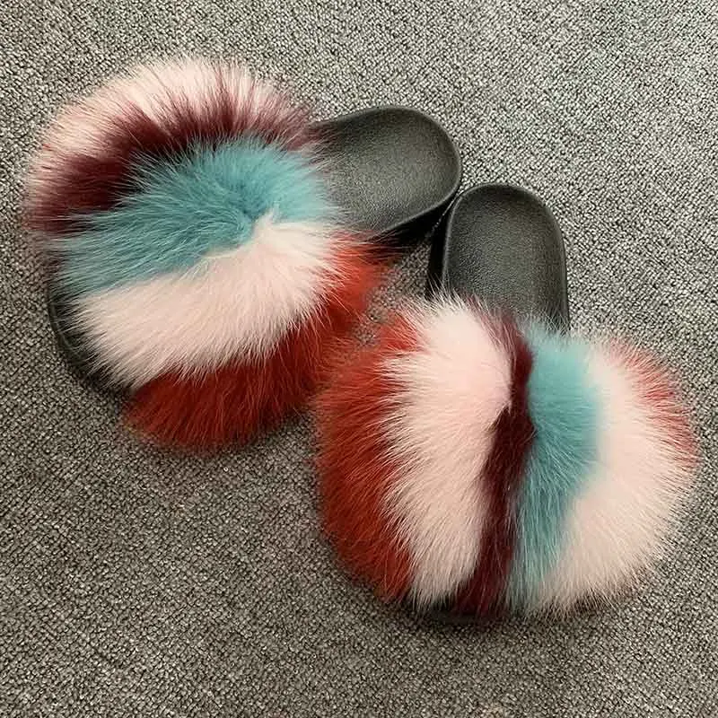 Женские меховые тапочки с натуральным лисьим мехом; летние домашние ползунки; женская обувь с натуральным мехом; меховые шлепанцы; S6018 - Цвет: New Rainbow 3