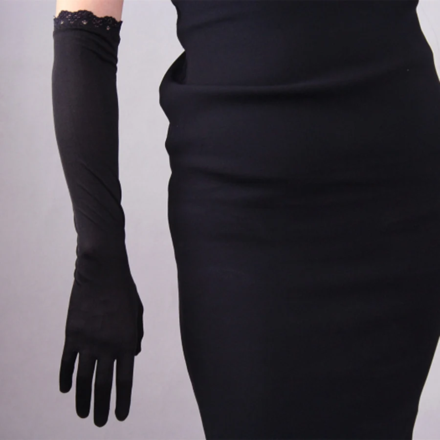 Natural Silk Elastic Silk Sunscreen Beauty Gloves Long Women'S Lace Side Black Touch Screen TB26