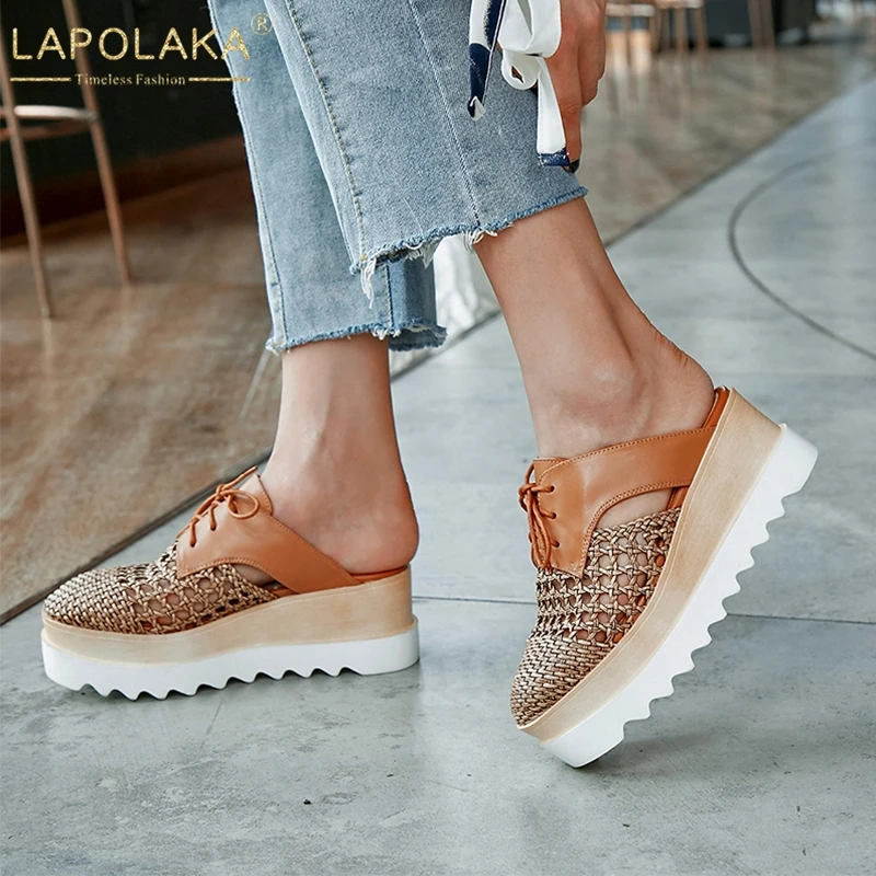 

Lapolaka Fashion New Plus Size 32-42 Hollow Cross Tied Platform Slippers Women Summer Genuine Leather Women Wedges Shoes Woman