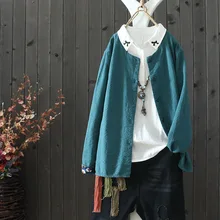 Литературное искусство простой осенний свободный хлопковый льняной женский кардиган ретро повседневный жаккардовый жакет с круглым вырезом и длинным рукавом Женское пальто с принтом