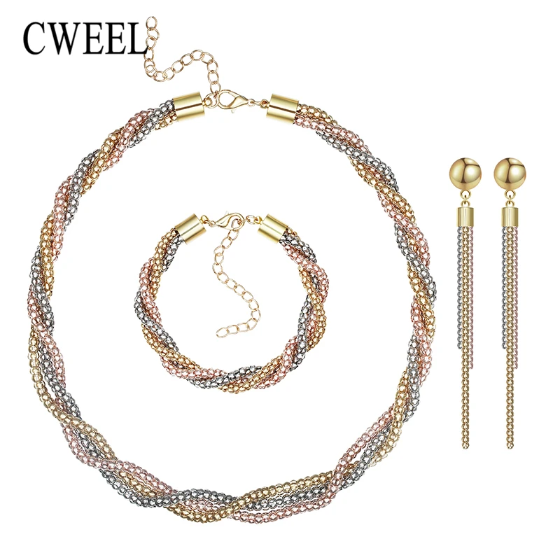 

CWEEL Vintage Wedding Gold Color 3 Color Necklace Set Statement Exaggerated Choker Bridal Ring Bracelet Earrings Accessories